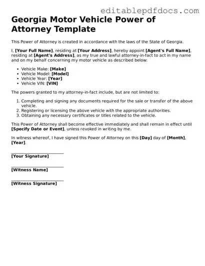  Motor Vehicle Power of Attorney Document for Georgia