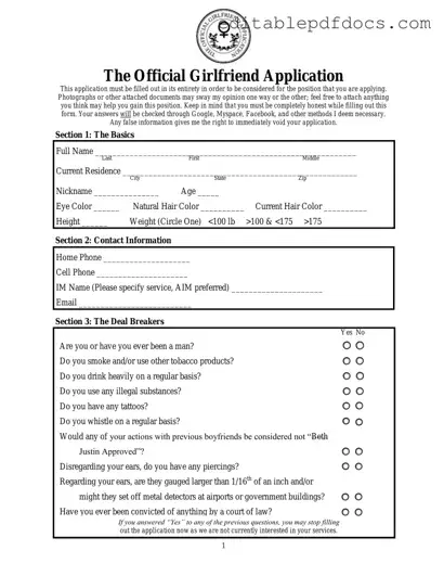 Fill a Valid Girlfriend Application Template
