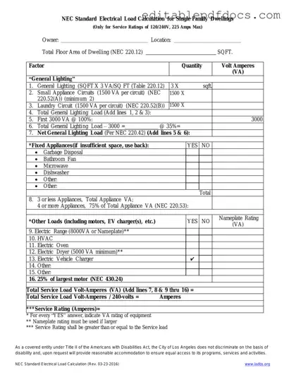 Fill a Valid LADBS NEC Standard Electrical Load Calculation Template