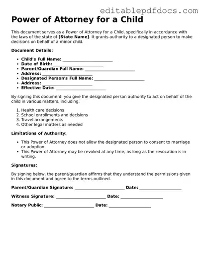 Free Power of Attorney for a Child Document