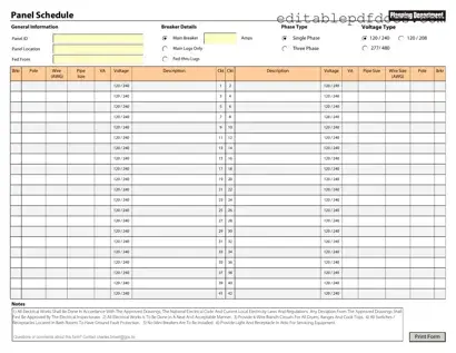 Fill a Valid Electrical Panel Schedule Template