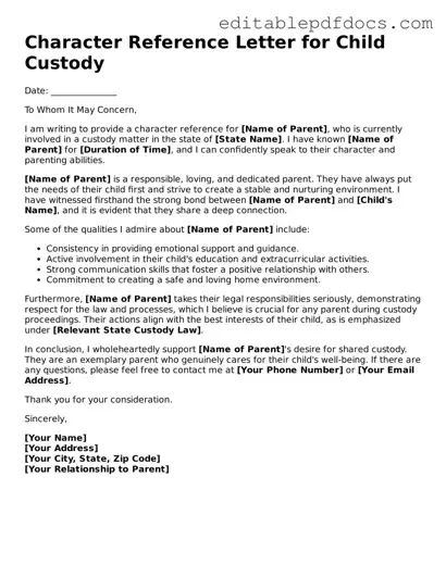 Free Character Reference Letter for Child Custody Document