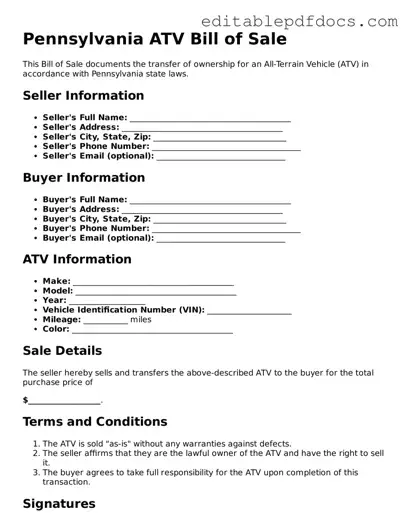  ATV Bill of Sale Document for Pennsylvania