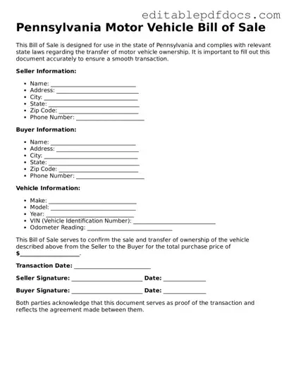  Motor Vehicle Bill of Sale Document for Pennsylvania