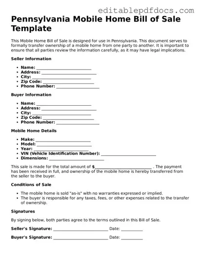  Mobile Home Bill of Sale Document for Pennsylvania