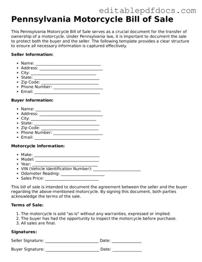  Motorcycle Bill of Sale Document for Pennsylvania