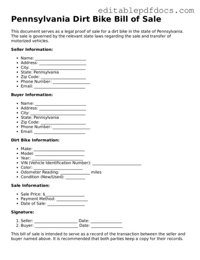  Dirt Bike Bill of Sale Document for Pennsylvania