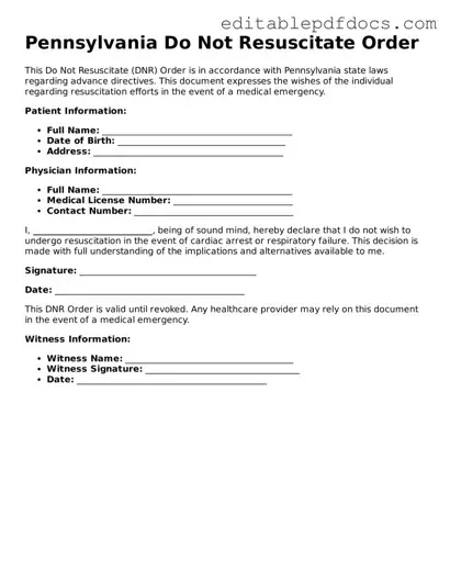  Do Not Resuscitate Order Document for Pennsylvania