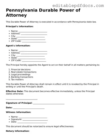  Durable Power of Attorney Document for Pennsylvania