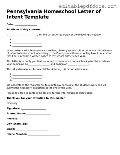  Homeschool Letter of Intent Document for Pennsylvania