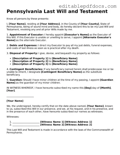  Last Will and Testament Document for Pennsylvania