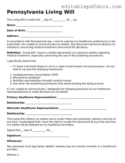 Living Will Document for Pennsylvania