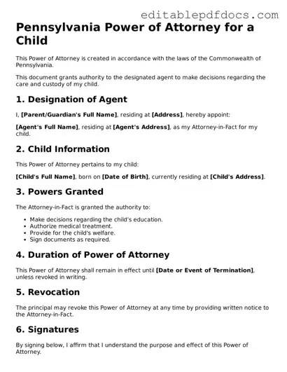  Power of Attorney for a Child Document for Pennsylvania