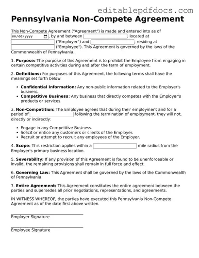  Non-compete Agreement Document for Pennsylvania