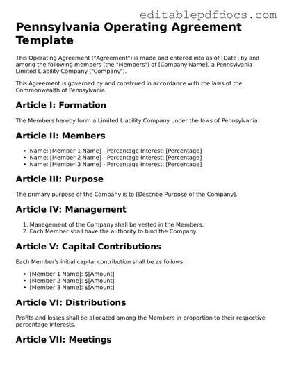  Operating Agreement Document for Pennsylvania