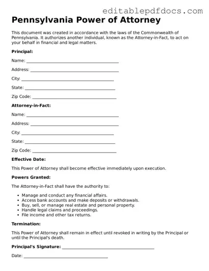 Power of Attorney Document for Pennsylvania