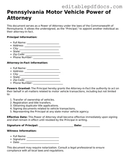  Motor Vehicle Power of Attorney Document for Pennsylvania