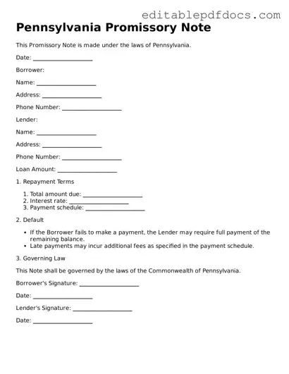  Promissory Note Document for Pennsylvania