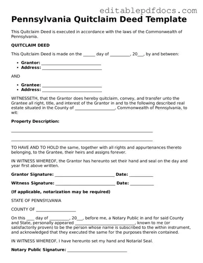  Quitclaim Deed Document for Pennsylvania