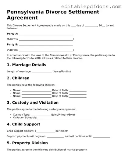  Divorce Settlement Agreement Document for Pennsylvania