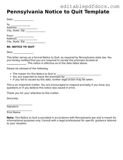  Notice to Quit Document for Pennsylvania
