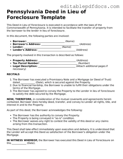  Deed in Lieu of Foreclosure Document for Pennsylvania