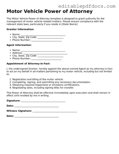 Free Motor Vehicle Power of Attorney Document