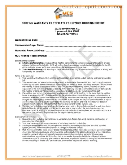 Fill a Valid Roofing Warranty Certificate Template