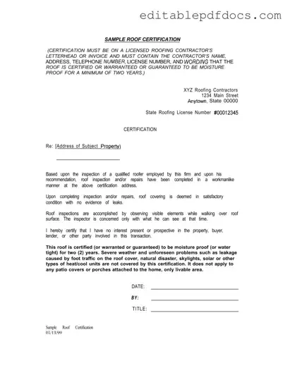 Fill a Valid Sample Roof Certification Template