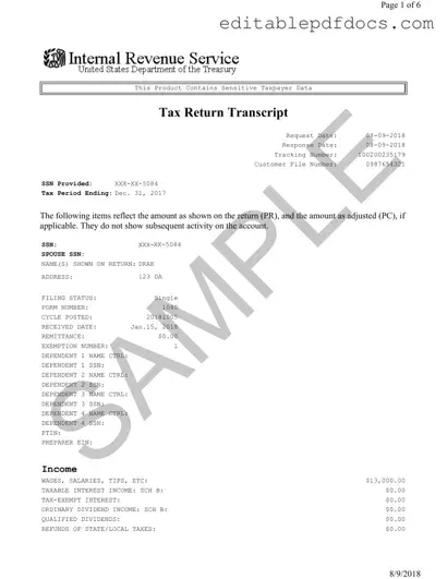 Fill a Valid Sample Tax Return Transcript Template