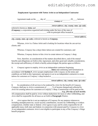 Fill a Valid Tattoo Shop Artist Agreement Template