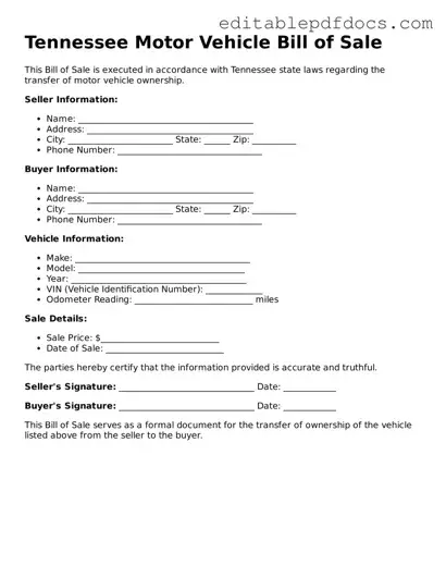  Motor Vehicle Bill of Sale Document for Tennessee