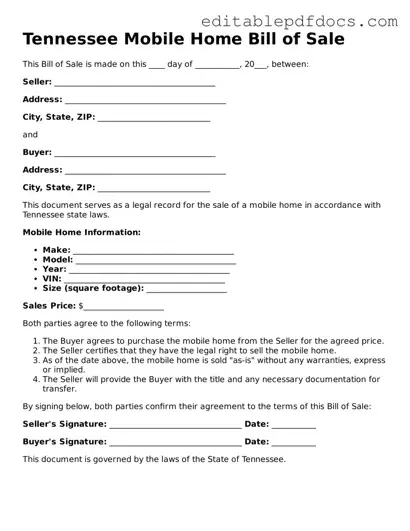  Mobile Home Bill of Sale Document for Tennessee