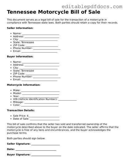  Motorcycle Bill of Sale Document for Tennessee