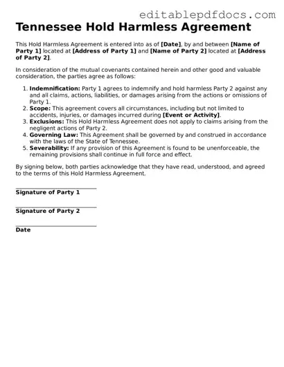  Hold Harmless Agreement Document for Tennessee
