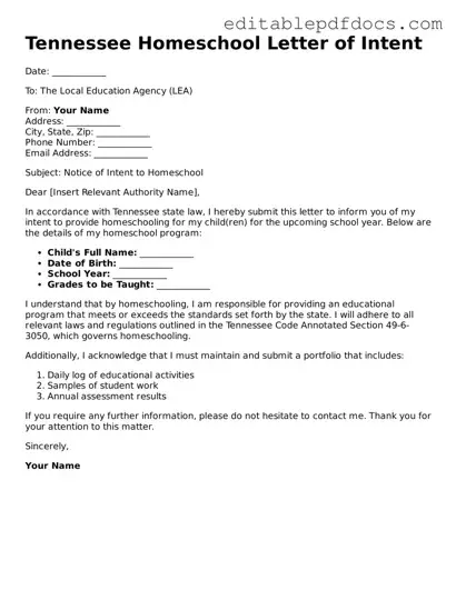  Homeschool Letter of Intent Document for Tennessee
