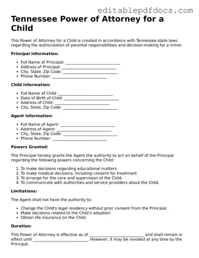  Power of Attorney for a Child Document for Tennessee