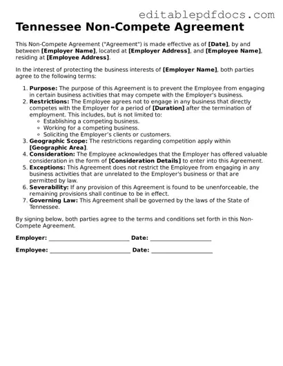 Non-compete Agreement Document for Tennessee