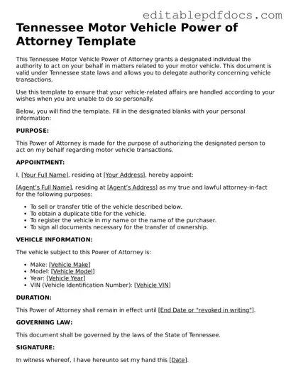  Motor Vehicle Power of Attorney Document for Tennessee