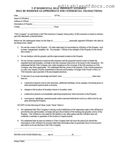 Fill a Valid Texas residential property affidavit T-47 Template
