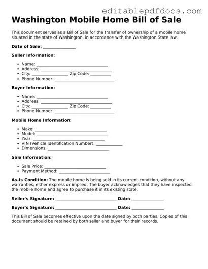  Mobile Home Bill of Sale Document for Washington