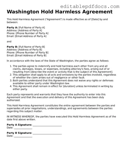  Hold Harmless Agreement Document for Washington