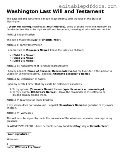  Last Will and Testament Document for Washington