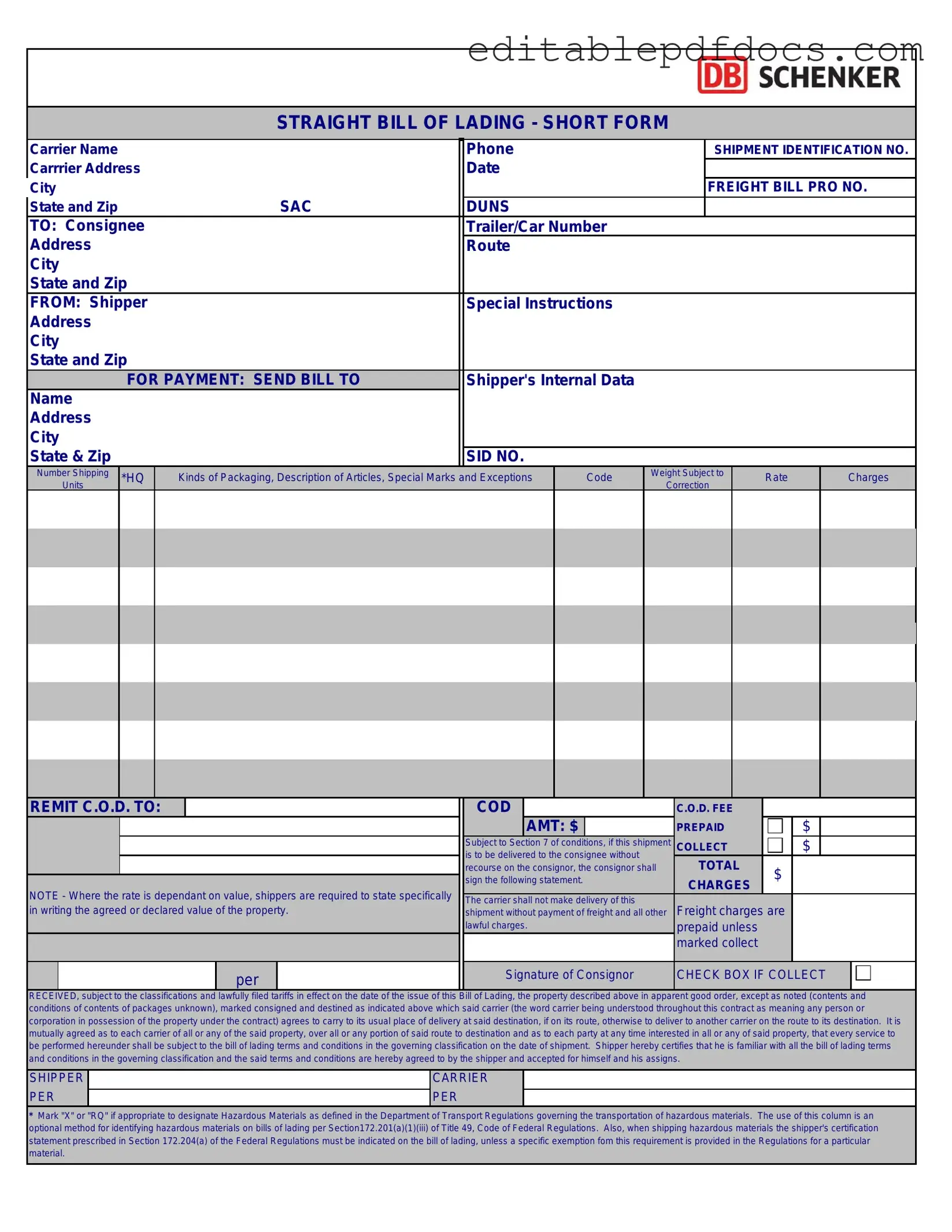 Fill a Valid Straight Bill Of Lading Template