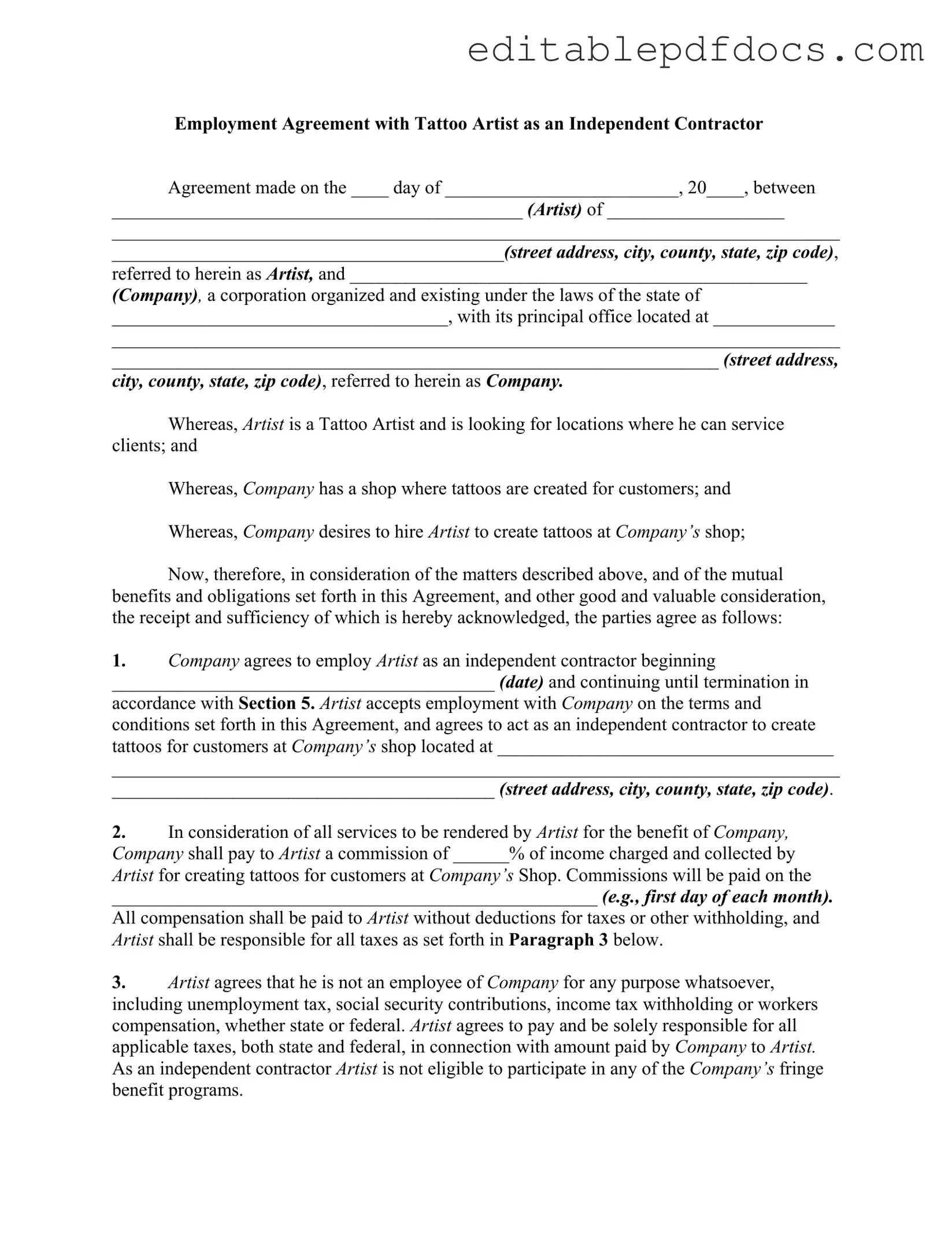 Fill a Valid Tattoo Shop Artist Agreement Template