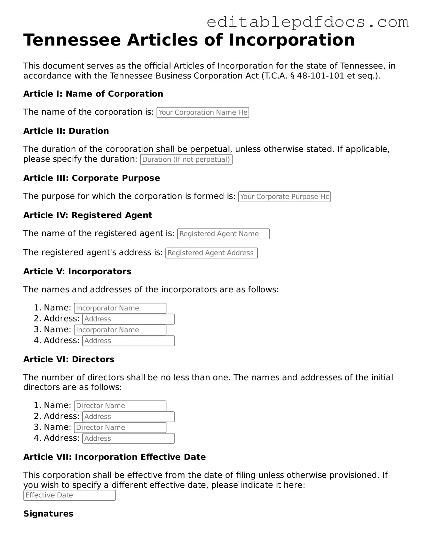  Articles of Incorporation Document for Tennessee