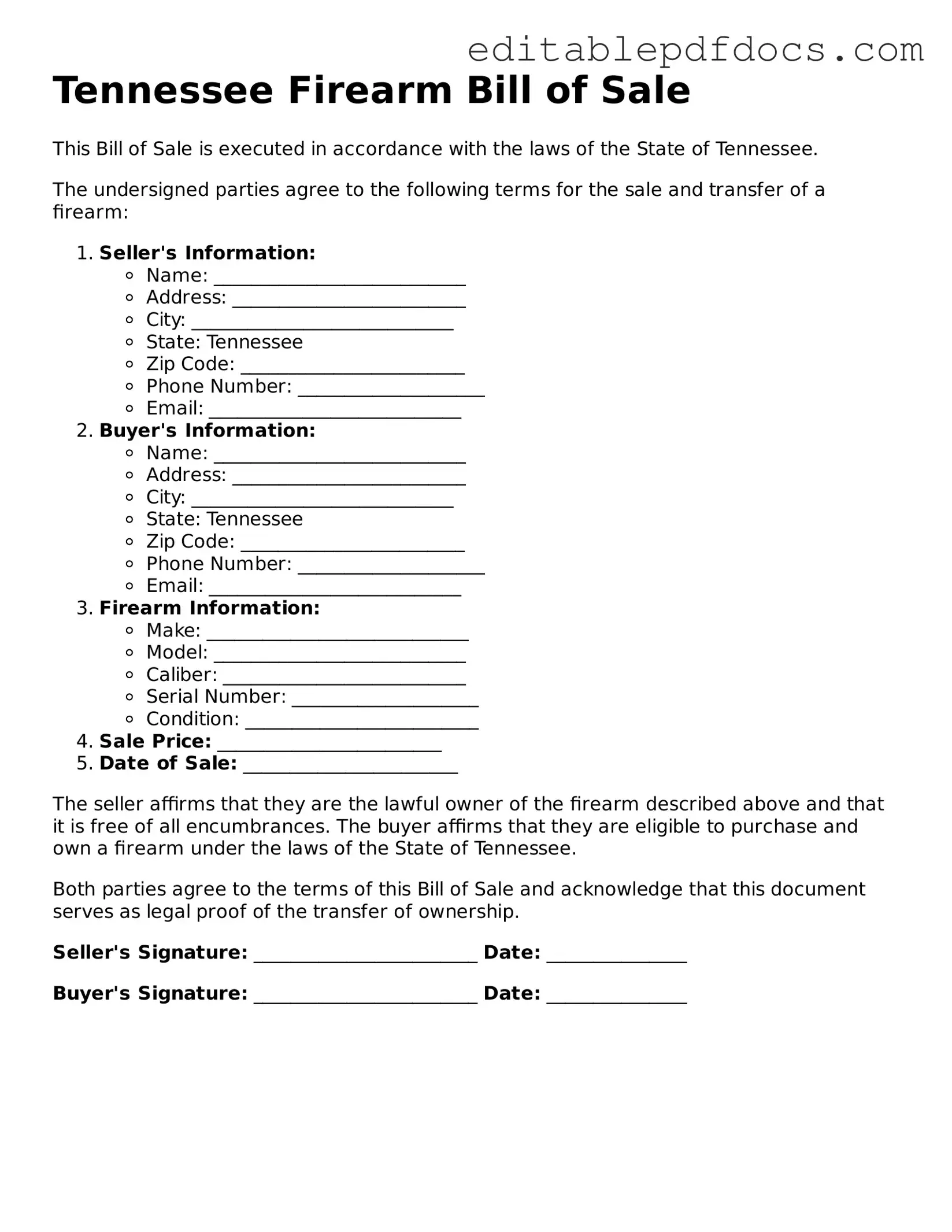  Firearm Bill of Sale Document for Tennessee