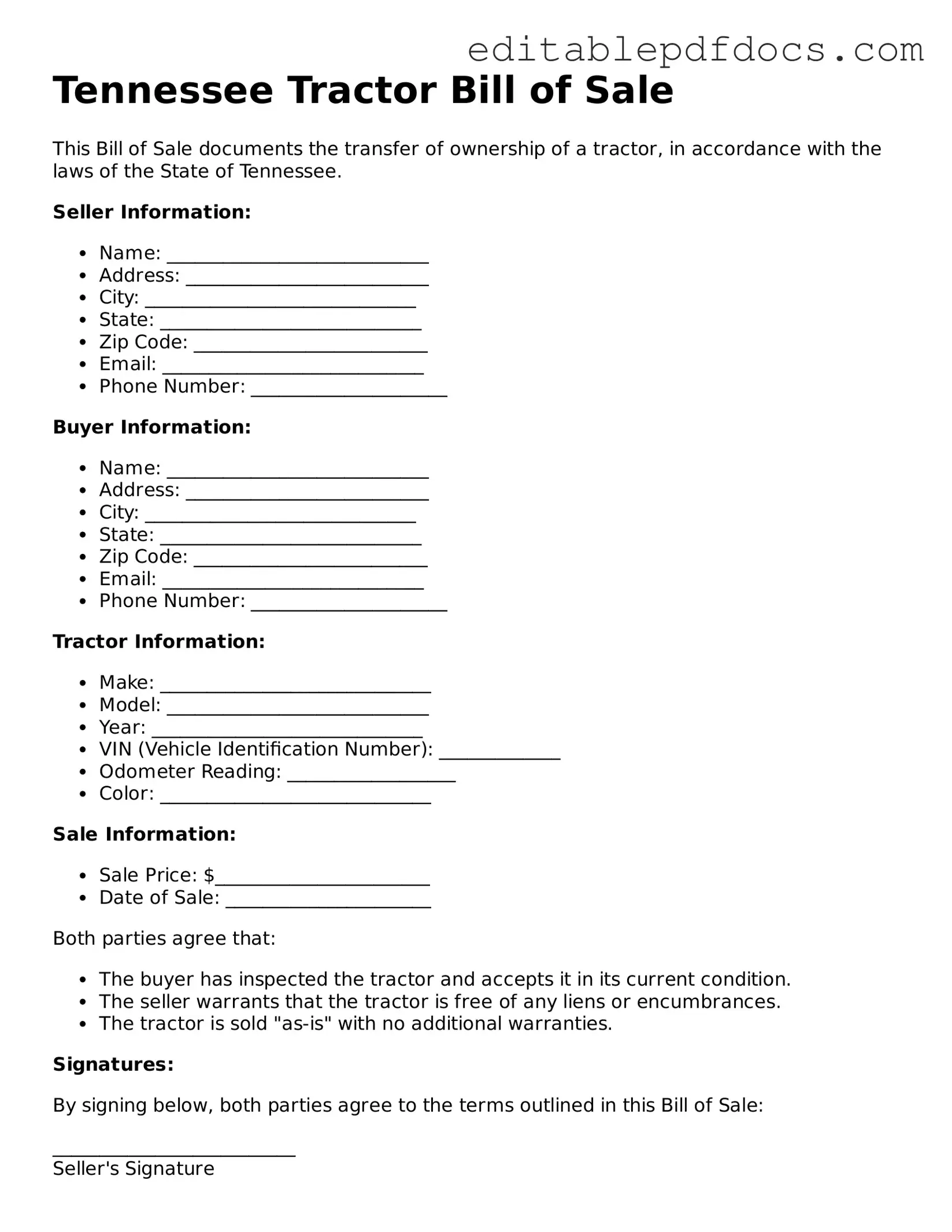  Tractor Bill of Sale Document for Tennessee
