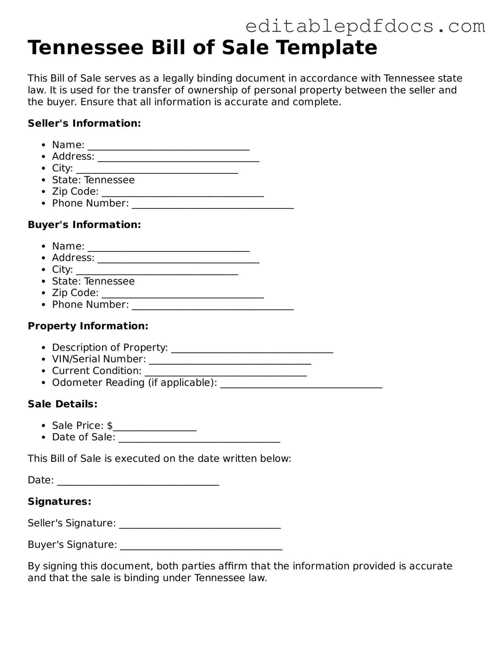  Bill of Sale Document for Tennessee
