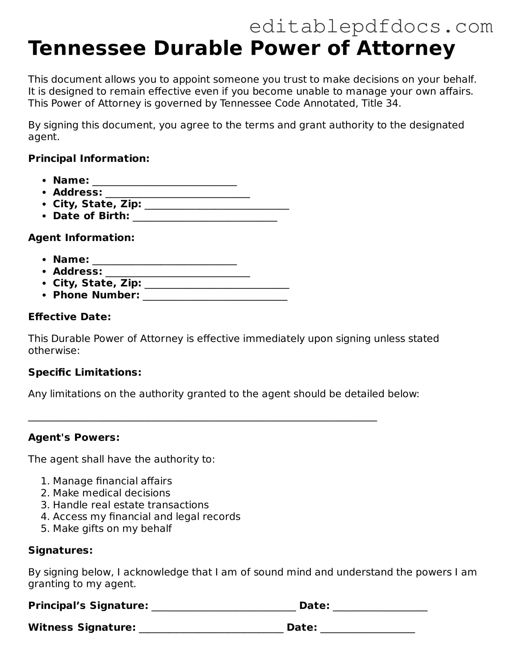  Durable Power of Attorney Document for Tennessee